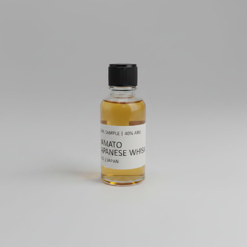 Small bottle of Yamato Japanese Whisky sample on a light gray background