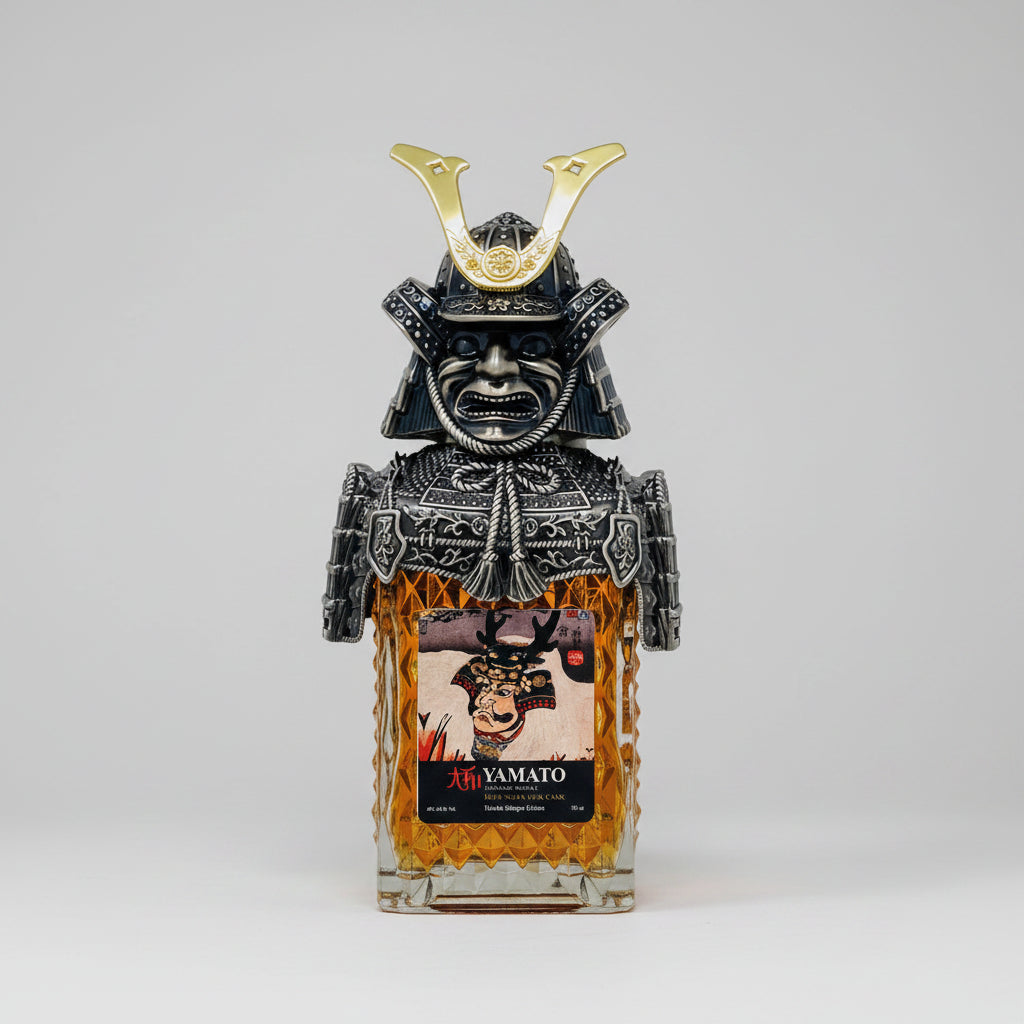 A bottle of Yamato Sakai whisky featuring a detailed black and silver samurai helmet and mask bottle cap, with amber-colored whisky visible inside a textured glass bottle and a Japanese label on the front.