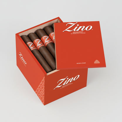 An open Honduras Zino cigar box containing several dark brown cigars, photographed on a clean light gray background.