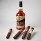 A bottle of Buffalo Trace Kentucky Straight Bourbon Whiskey stands behind four cigars on a light gray studio background. The bottle has amber liquid, a dark cap, and a label with a buffalo illustration and Buffalo Trace branding.
