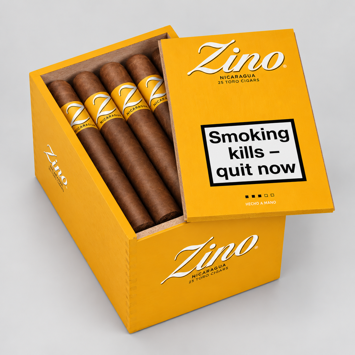 An open yellow Zino cigar box showing several brown cigars inside, photographed on a light gray studio background. The lid has a large smoking-health warning label and the Zino brand name in white script.