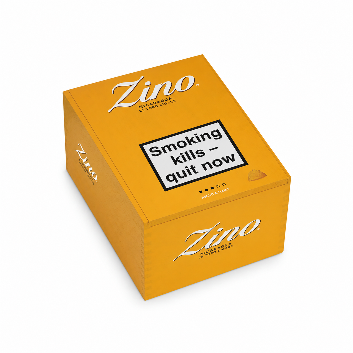 A yellow-orange rectangular box of Zino Clearwater Pipe Tobacco, featuring a prominent black and white warning label on the front that reads 'Smoking kills - quit now'. The brand name 'Zino' is printed in white script on the top and side of the box, set against a clean white background.