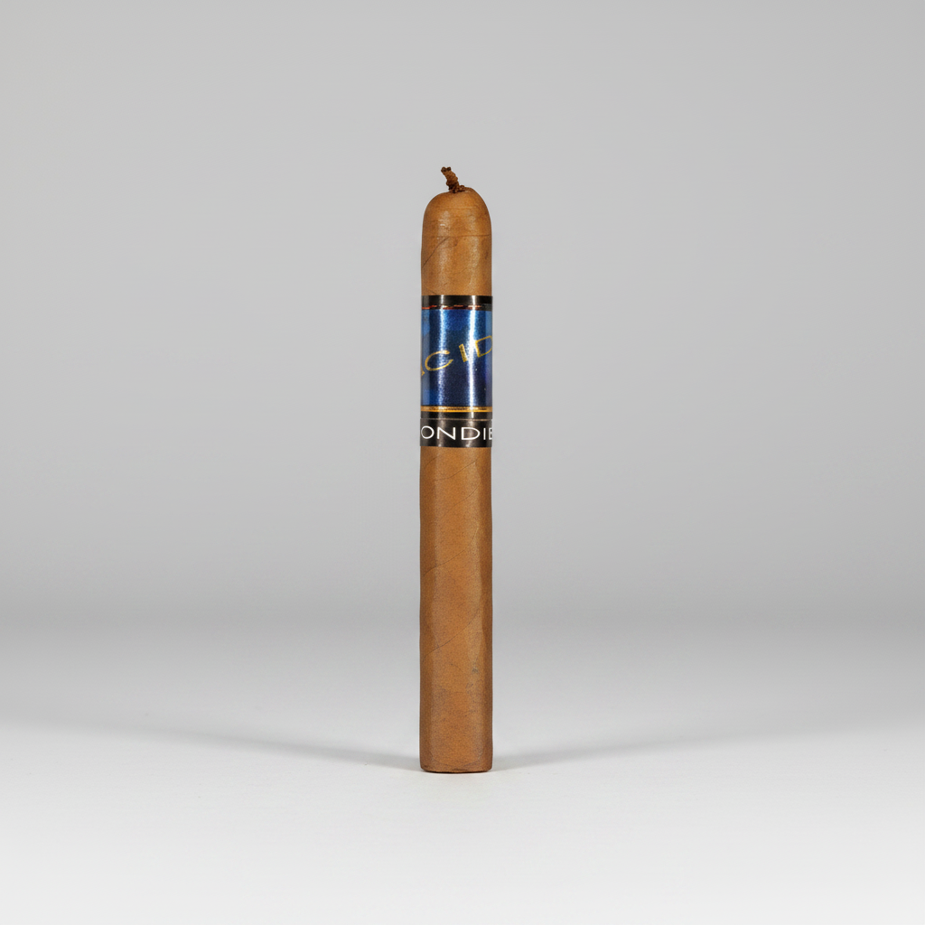 A single brown cigar shown upright against a plain white background, with a blue and white band around the middle and the word 'CONDOR' visible.