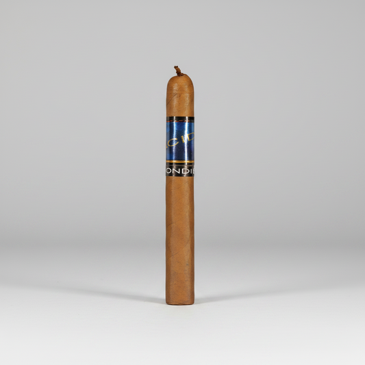 A single brown cigar shown upright against a plain white background, with a blue and white band around the middle and the word 'CONDOR' visible.