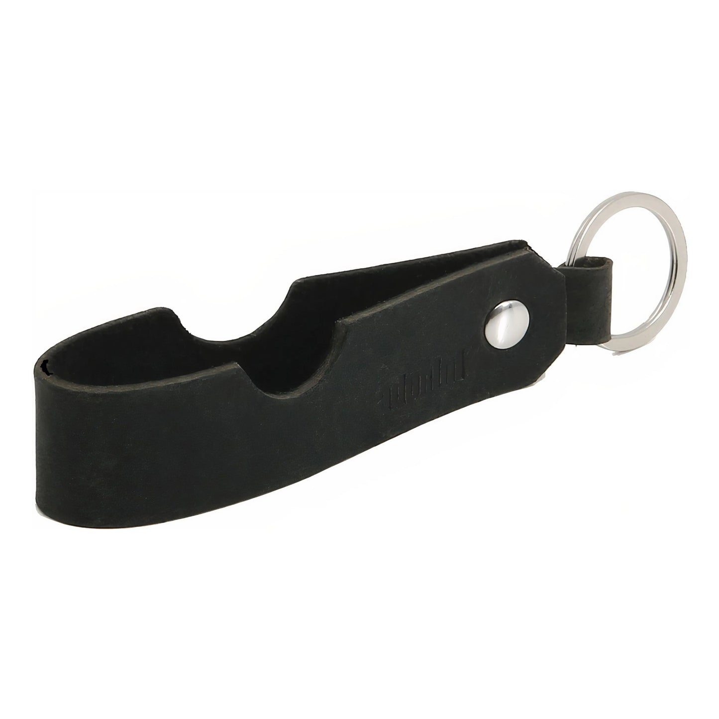 Black leather cigar rest with a key ring on a white background