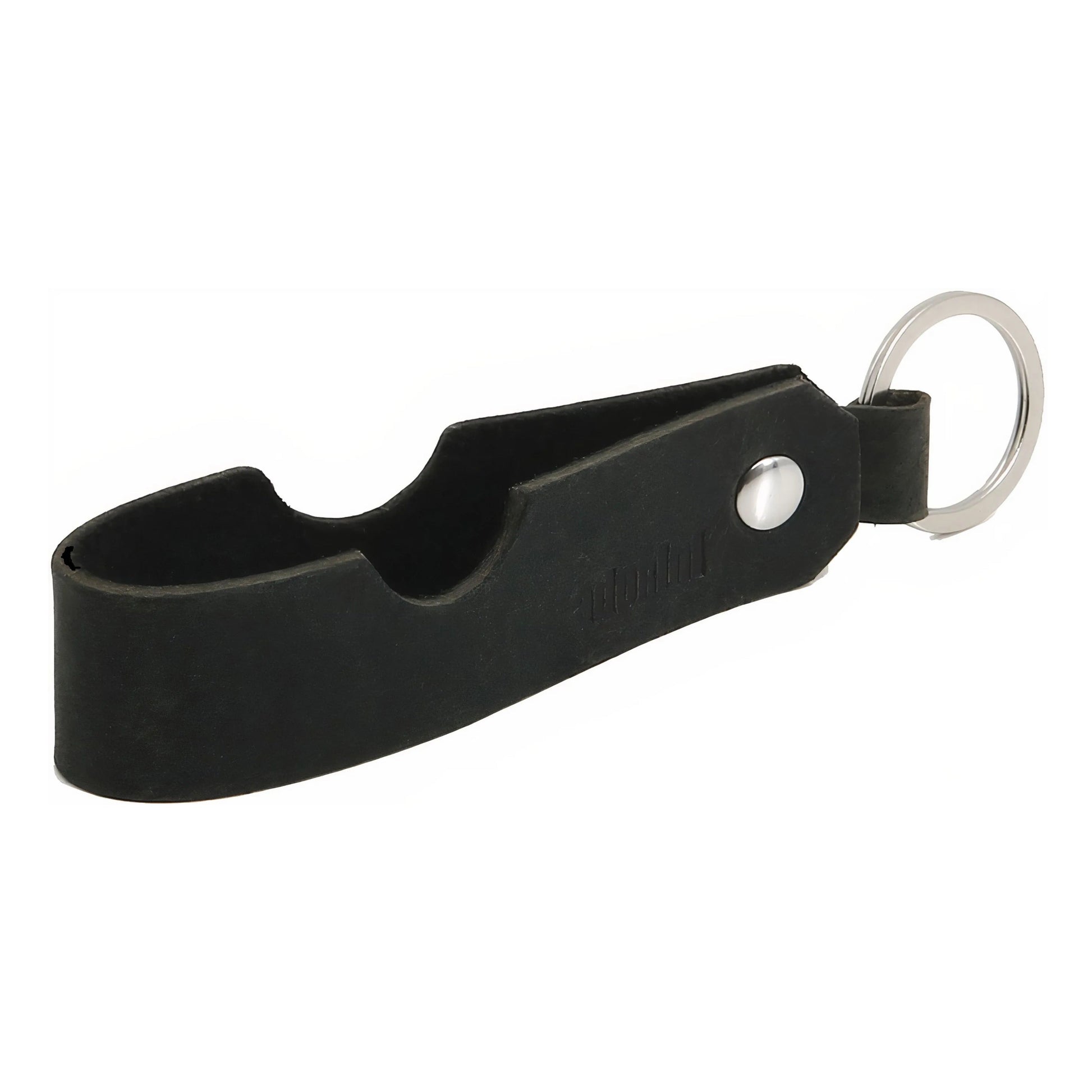 Black leather cigar rest with a key ring on a white background
