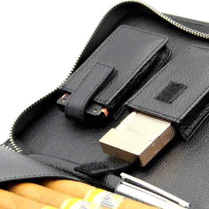 Black leather cigar case with smoking accessories including cigarettes and a lighter.