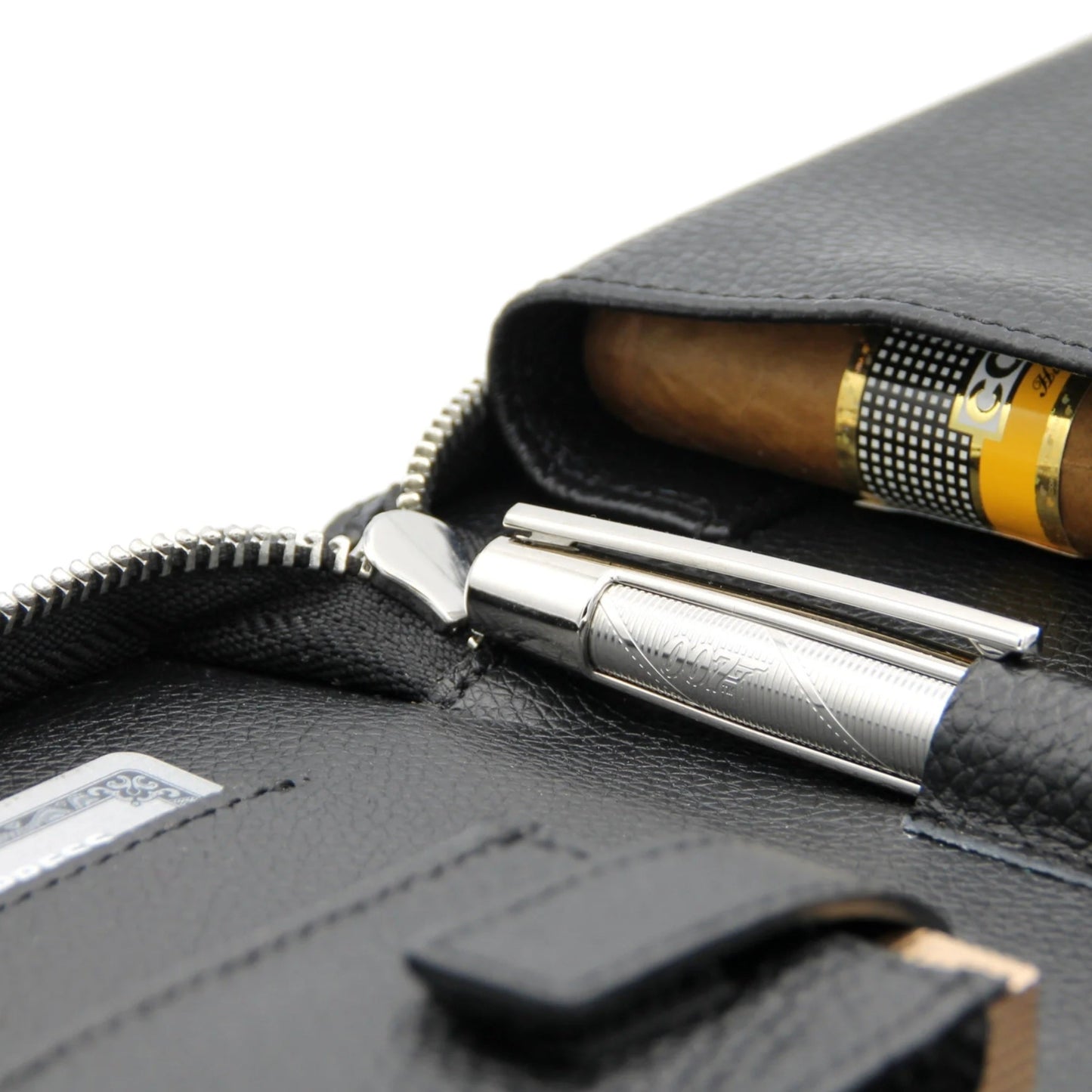 Black leather case with a silver PEN and a cigar inside, on a white background
