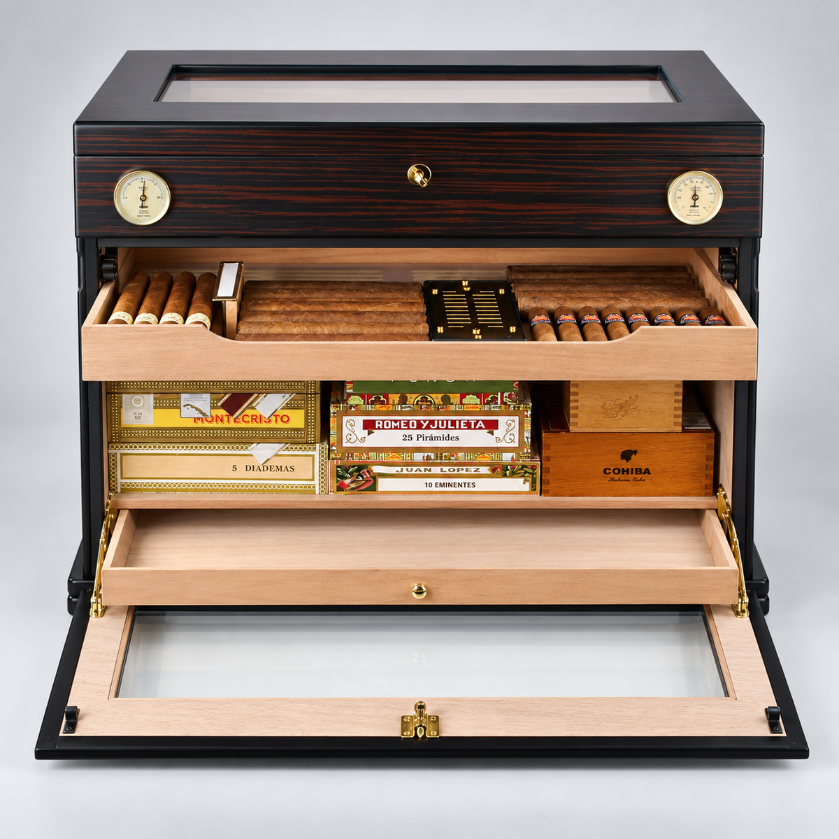 A luxury humidor and cigar storage cabinet with a dark wood grain exterior, brass dials, and open drawers displaying cigars, cigar boxes, and interior compartments. Visible brands include Concha and Colortone on the cigar box inside.