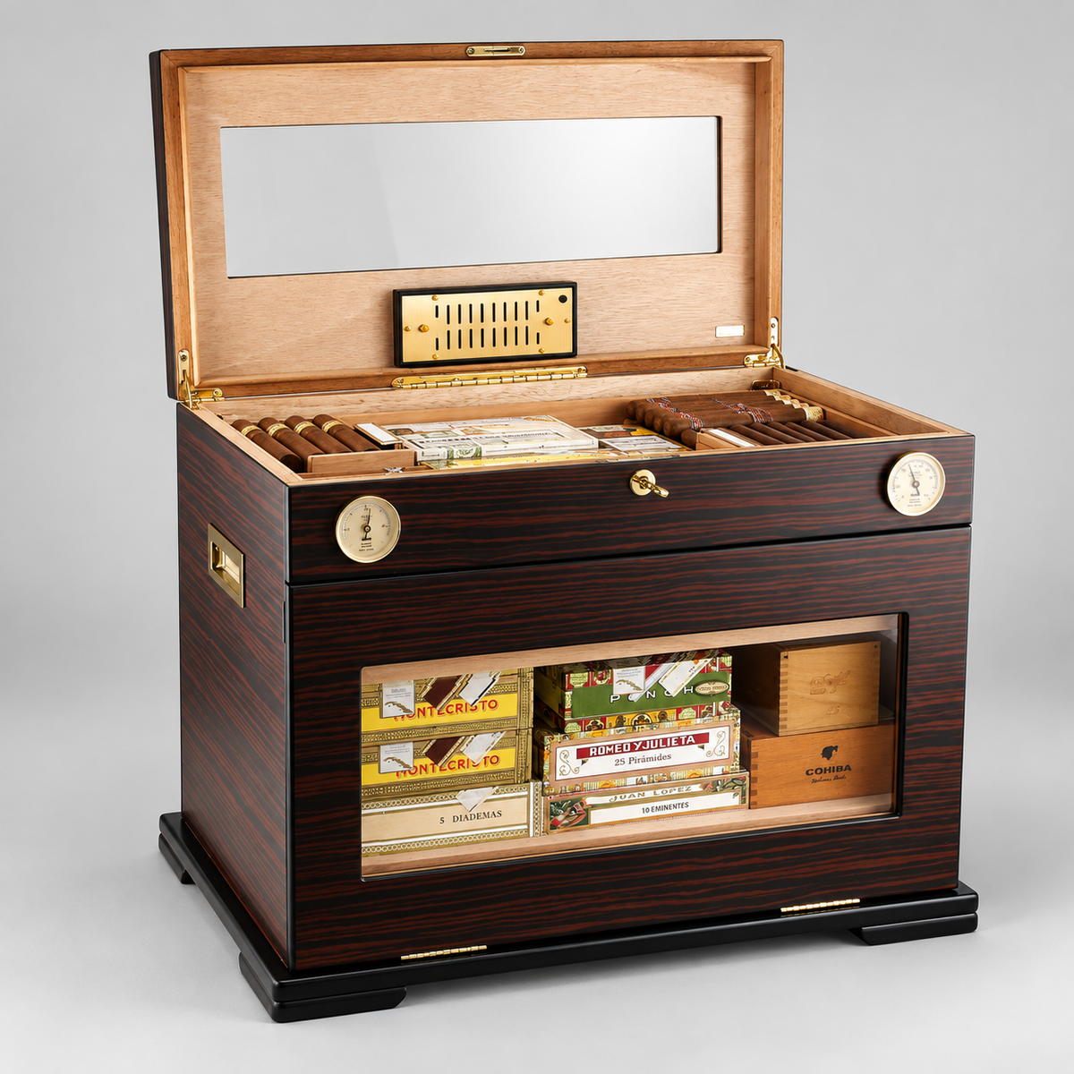 A premium humidor and cigar storage cabinet with a dark wood grain exterior, open top, and glass-front lower compartment displaying cigars and boxes, photographed on a light gray studio background.