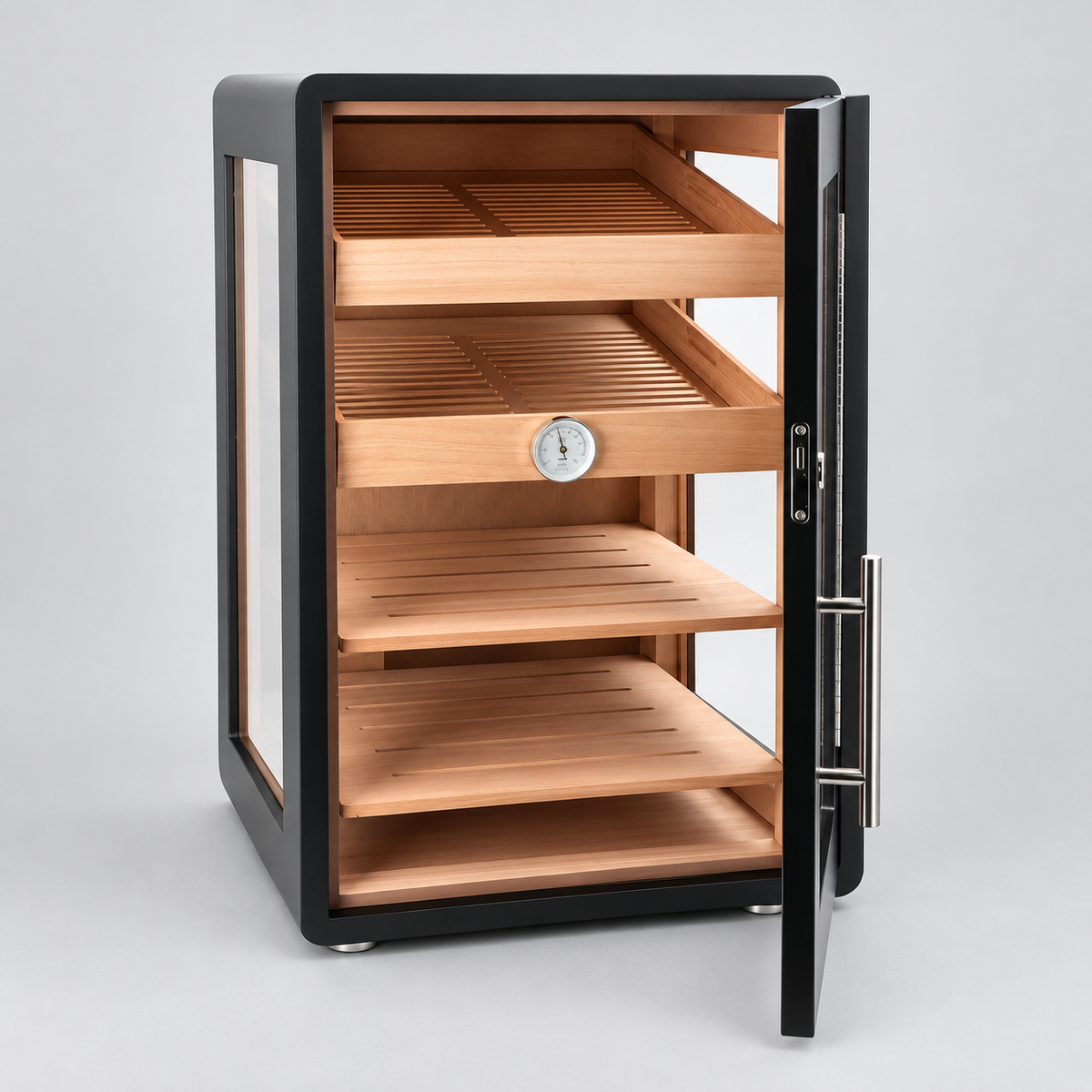 A modern humidor cabinet with a black frame and door, featuring natural wood interior shelves and a glass window, shown on a light gray background.