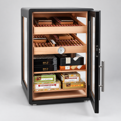 A black humidor cabinet with its door open, displaying multiple wooden shelves stocked with cigar boxes and cigars. The cabinet features a glass door, a silver handle, a hygrometer on the front, and a clean studio background.