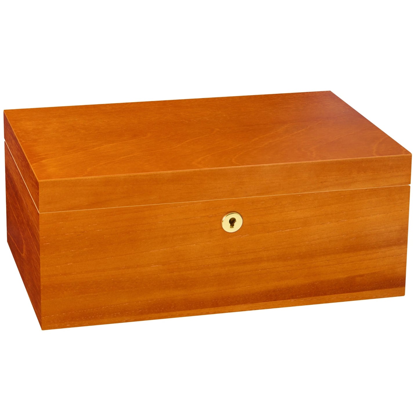 Wooden humidor with a lock on a white background