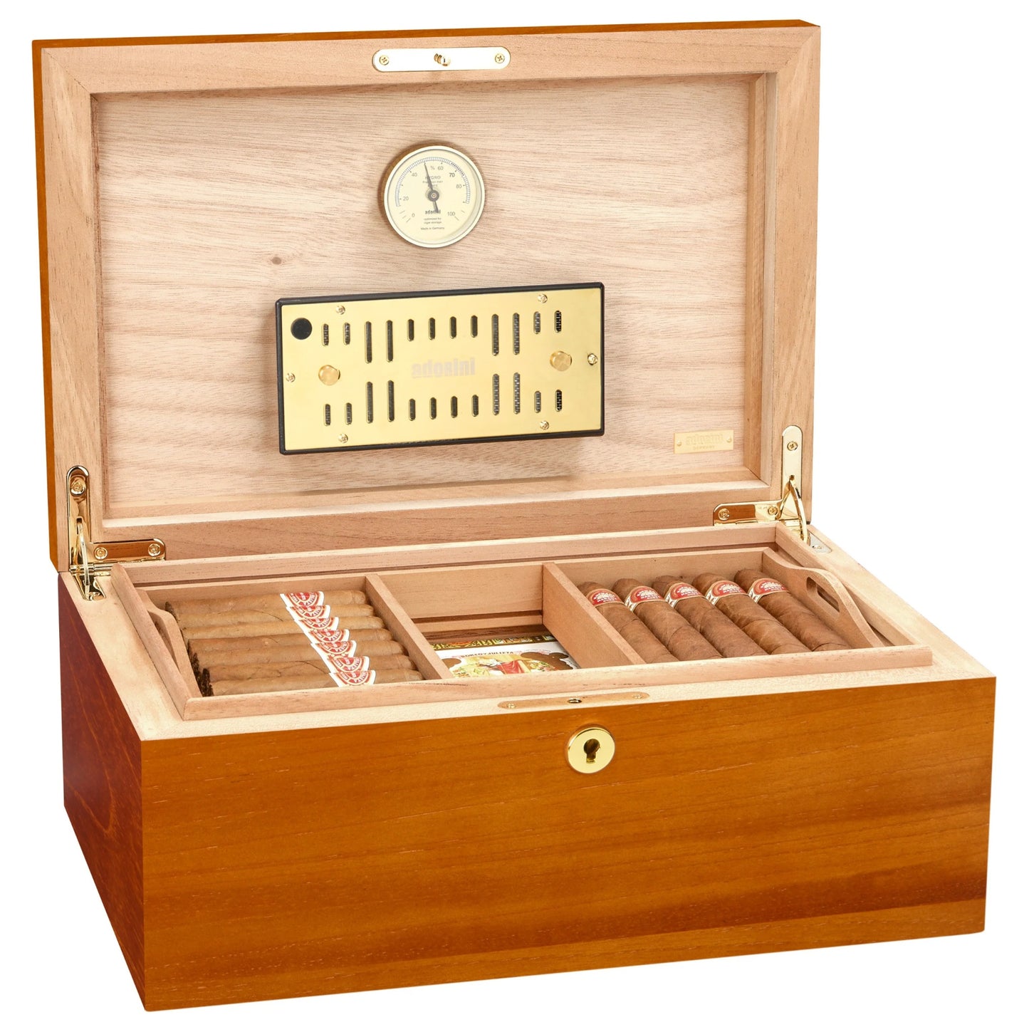 Wooden humidor with cigars and a hygrometer on a white background