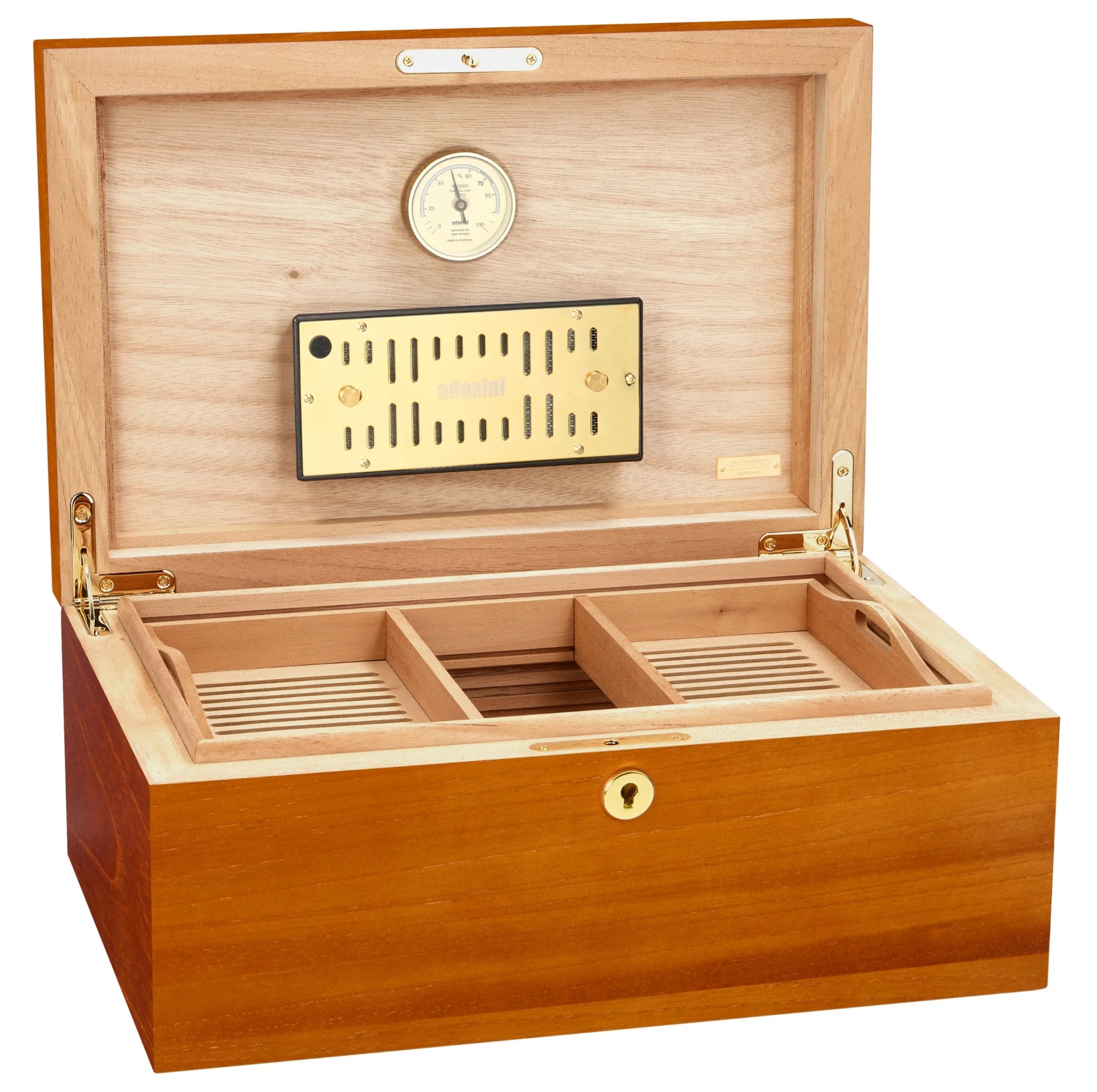 Wooden humidor with open lid showing interior compartments and a clock.