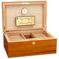 Wooden humidor with open lid showing interior compartments and a clock.