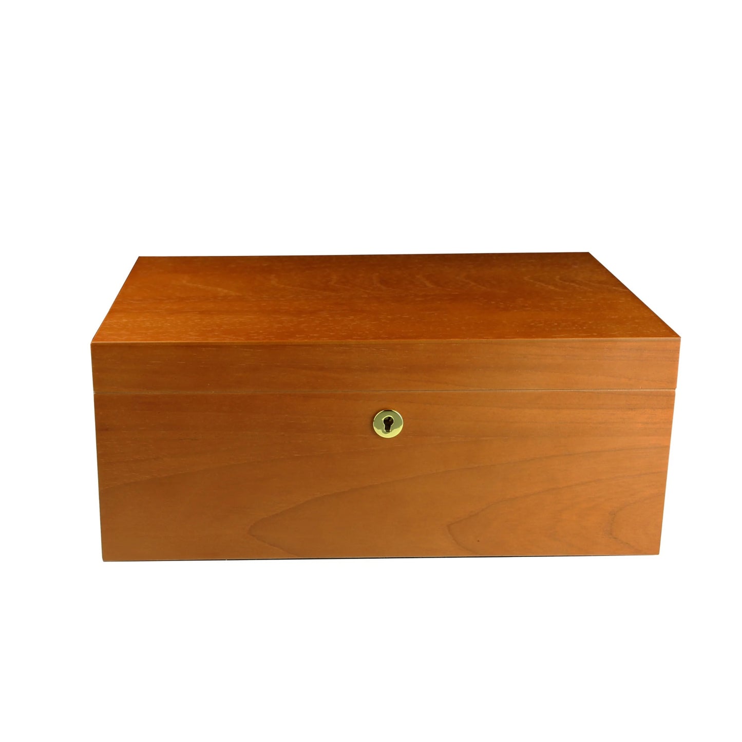 Wooden HUMIDOR with a gold lock on a white background