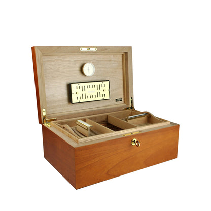 Wooden humidor with a clock and compartments on a white background