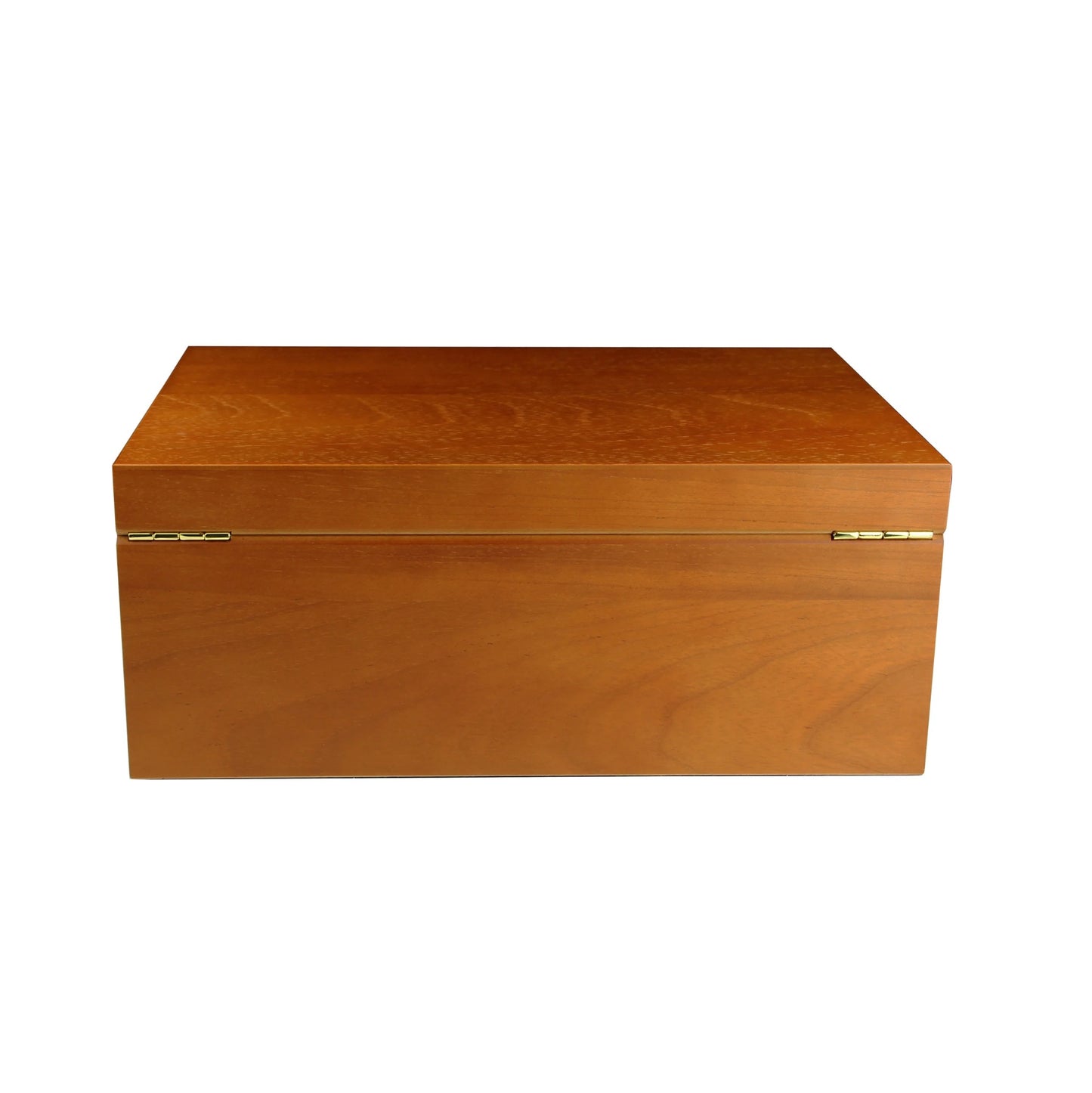 Wooden box with a gold clasp on a white background