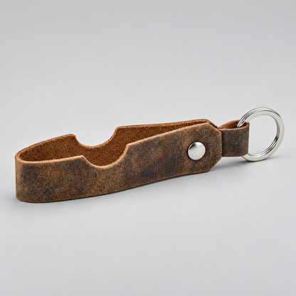 A brown distressed leatherCIGAR REST keychain with a silver metal ring and a silver rivet, shown on a neutral light gray background.