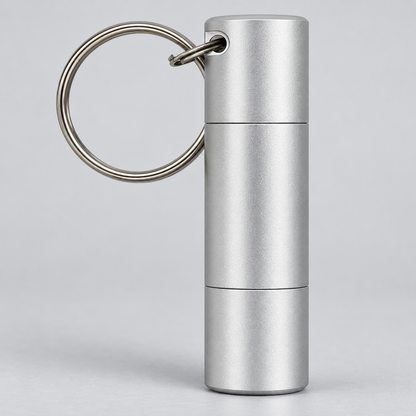A silver metallic cylindrical keychain container with a split ring, shown on a light gray studio background.