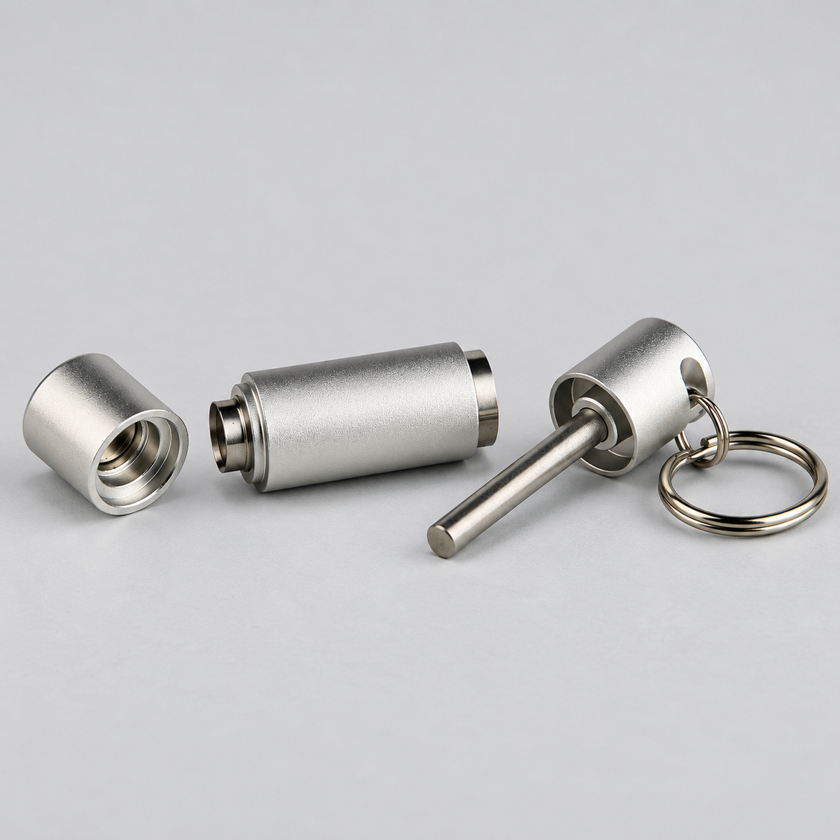 A silver aluminum fire starter tool shown disassembled on a light gray background, featuring a cylindrical body, a separate cap, a metal rod, and a key ring.