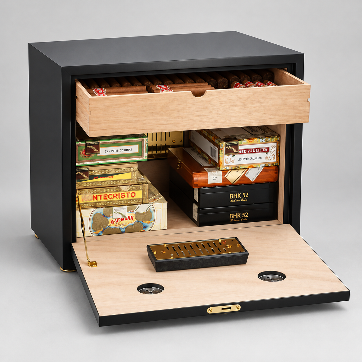 A black and light wood cigar safe with both the door and top drawer open, displaying cigars and cigar boxes inside. The safe features a black exterior, light natural wood interior, and gold-tone hardware, including a small alarm and lock on the door.