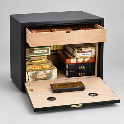 A black and light wood cigar safe with both the door and top drawer open, displaying cigars and cigar boxes inside. The safe features a black exterior, light natural wood interior, and gold-tone hardware, including a small alarm and lock on the door.
