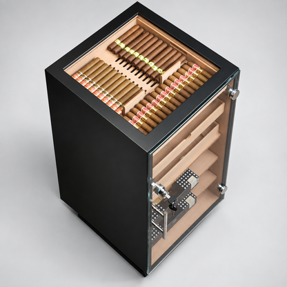 A black cigar humidor with a glass top and door, shown open to reveal multiple rows of cigars inside on wooden shelves, photographed on a light gray studio background.