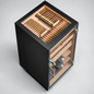 A black cigar humidor with a glass top and door, shown open to reveal multiple rows of cigars inside on wooden shelves, photographed on a light gray studio background.