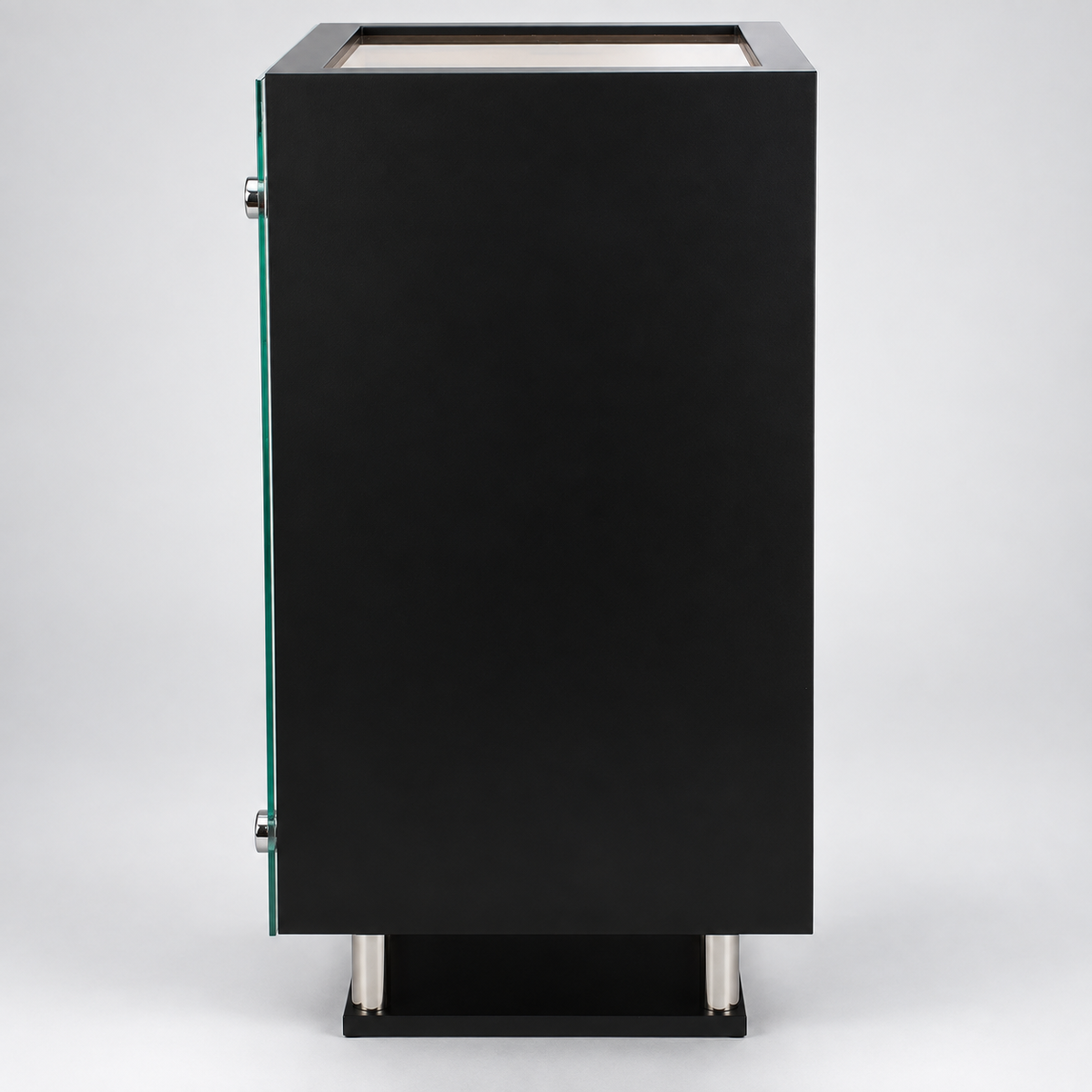A modern black rectangular display cabinet with a glass side panel and silver metal legs, shown against a light gray studio background.