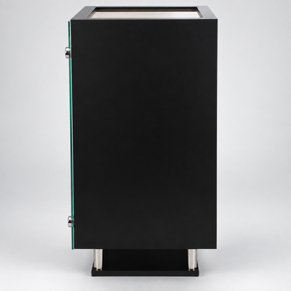 A modern black rectangular display cabinet with a glass side panel and silver metal legs, shown against a light gray studio background.