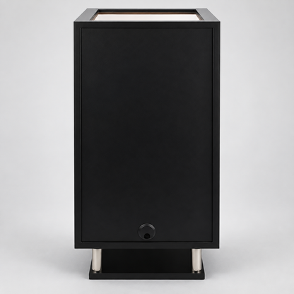 A modern black rectangular outdoor speaker or speaker enclosure with a top-facing light or opening, supported by two silver cylindrical legs on a light gray background.