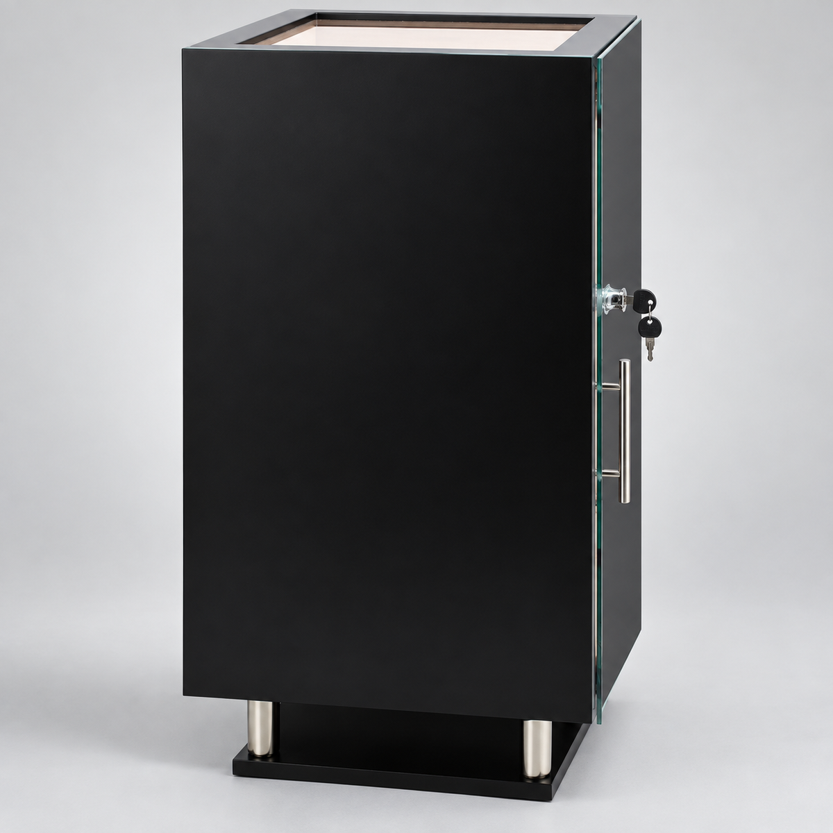 A black display cabinet with a glass door, featuring a silver metal handle, lock with keys, and a black base on a light gray background.