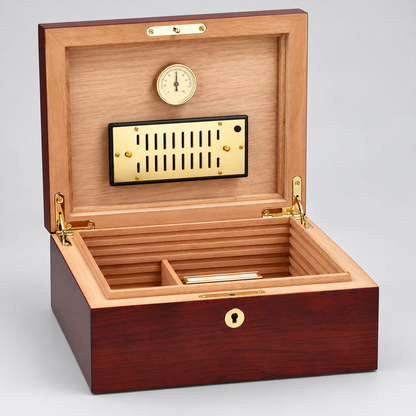 An open wooden humidor with a dark reddish-brown exterior, light natural wood interior, brass hardware, a temperature gauge on the inner lid, and a vent grille, photographed on a light gray studio background.