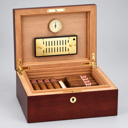 An open wooden humidor box with a dark reddish-brown exterior, light natural wood interior, brass hardware, a hygrometer on the inner lid, and several cigars stored in a divided compartment.