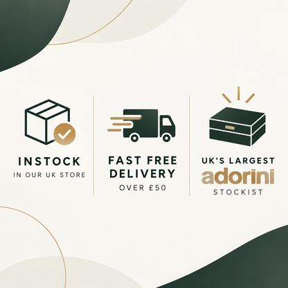 Promotional graphic with three service icons and text: a box with a checkmark reading 'INSTOCK IN OUR UK STORE', a delivery truck reading 'FAST FREE DELIVERY OVER £50', and a box with the brand name 'adorini STOCKIST' in gold and dark green.