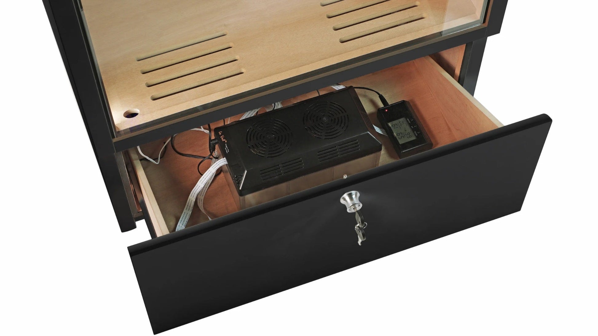 Adorini Portofino Black Humidor on white background, open drawer with humidity device on display