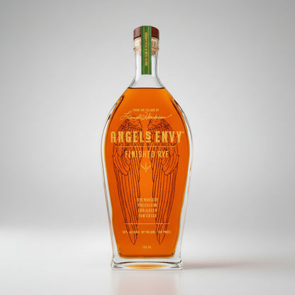 Angels Envy Finished Rye 750ml bottle of rye whiskey, showing the amber liquid and detailed wing graphic on the front label.
