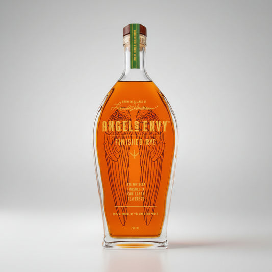 Angels Envy Finished Rye 750ml bottle of rye whiskey, showing the amber liquid and detailed wing graphic on the front label.