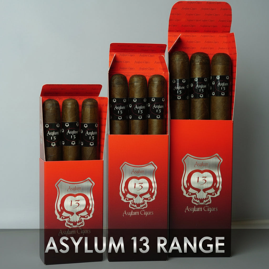 Three open red boxes of Asylum Cigars on a gray background