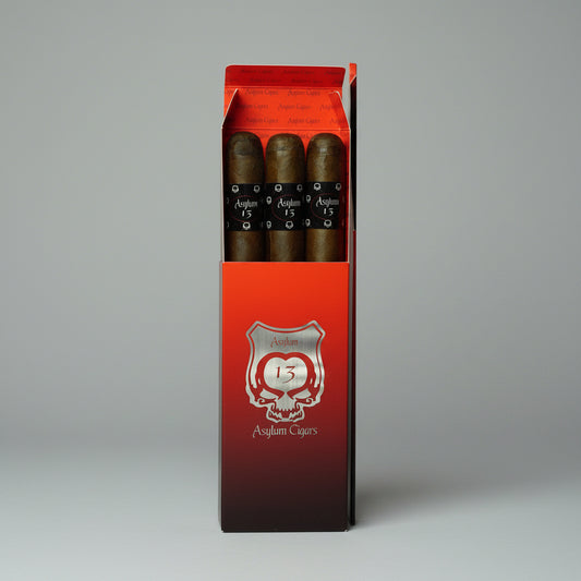Pack of Asylum Cigars with red and black packaging on a white background