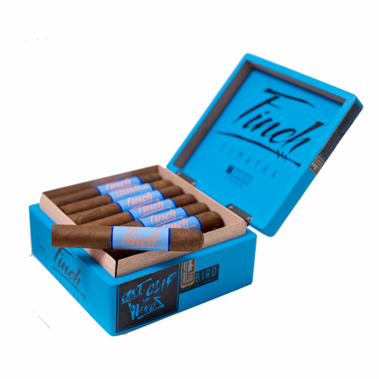 Open blue box of Finch cigars on a white background