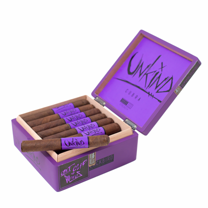 Open purple humidor with cigars and 'Unkind' branding on a white background