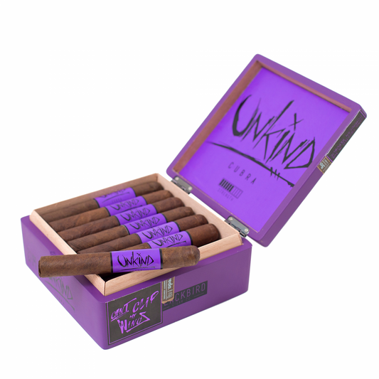 Open purple humidor with cigars and 'Unkind' branding on a white background