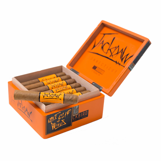 Open orange box of cigars with visible branding on a white background