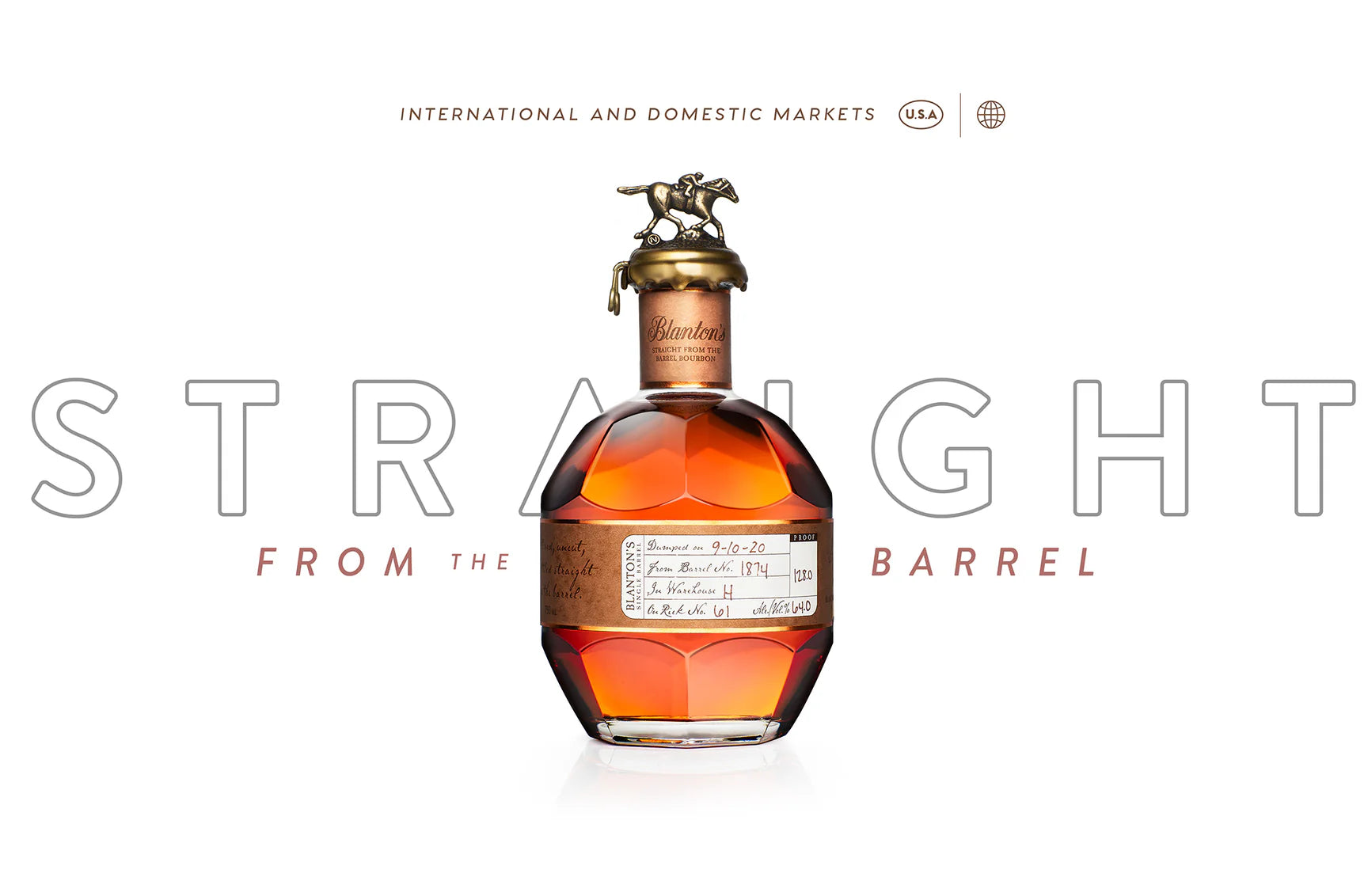 Bottle of bourbon with 'Straight from the Barrel' text on a white background