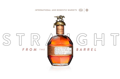 Bottle of bourbon with 'Straight from the Barrel' text on a white background