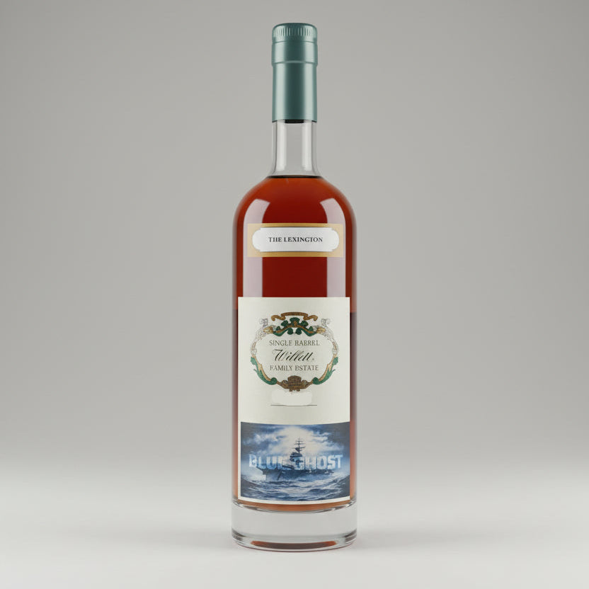 Bottle of whiskey on a wooden table with a restaurant interior in the background