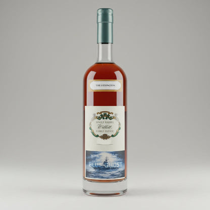 Bottle of whiskey on a wooden table with a restaurant interior in the background